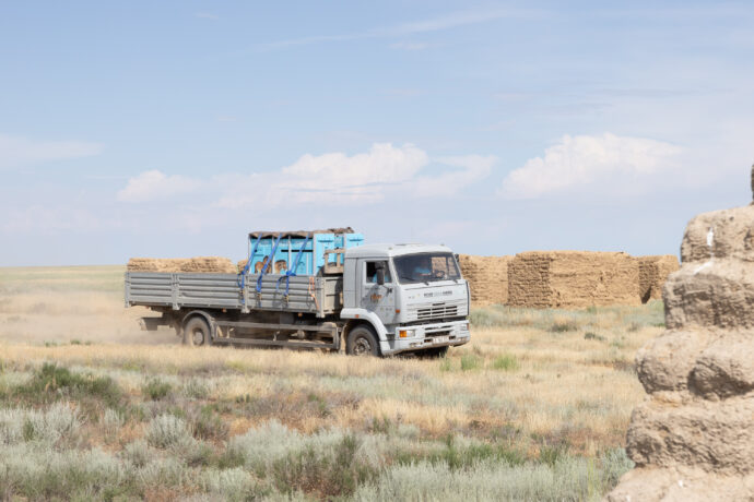 Nákladní automobily Kamazy s koňmi na korbě během své cesty stepí míjely i dávno opuštěné domy z pálených cihel. Foto Václav Šilha, Zoo Praha