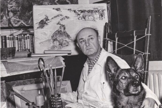 Z. Burian v ateliéru se svým psem Ogarem, 1958. Archiv Ústavu Anthropos MZM